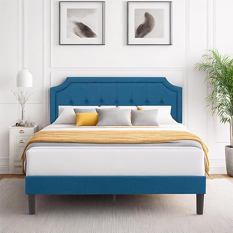 VECELO Upholstered Platform Bed Frame with Adjustable Headboard, Wooden Slats Support, No Box Spring Needed, Modern Style, Queen Size