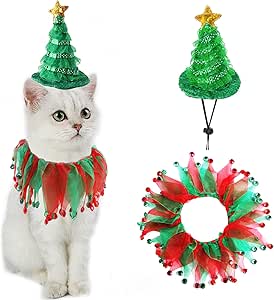 Cat Christmas Costume Suit, Hmxpls Small Dogs & Cats Tutu Collar and Green Shiny Hat Cute Costume Suit Kitten Outfit Clothing for Birthday Party Thanksgiving Christmas Holiday