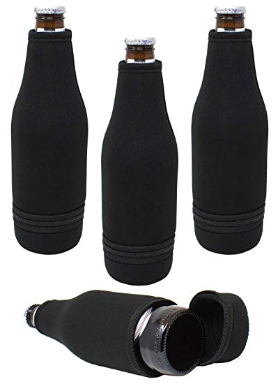 TahoeBay Beer Bottle Sleeves - Easy-On Bottom Zipper - Extra Thick Neoprene Blank Drink Cooler (Black, 4)
