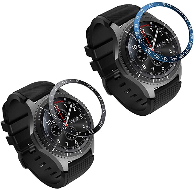 MoKo 2PCS Bezel Ring Compatible with Samsung Gear S3/Galaxy Watch 46mm, Smart Watch Bezel Adhesive Cover Anti Scratch Stainless Steel Protector Fit Samsung Gear S3/Galaxy Watch 46mm - Black & Blue