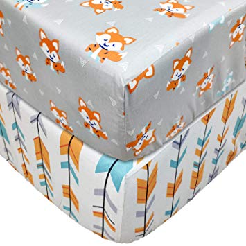 Brandream Fitted Crib Sheets Set 2 Pack Portable Crib Mattress Topper for Baby Boys Girls,Ultra Soft Cotton,Full Standard,Woodland Deer & Orange Arrow