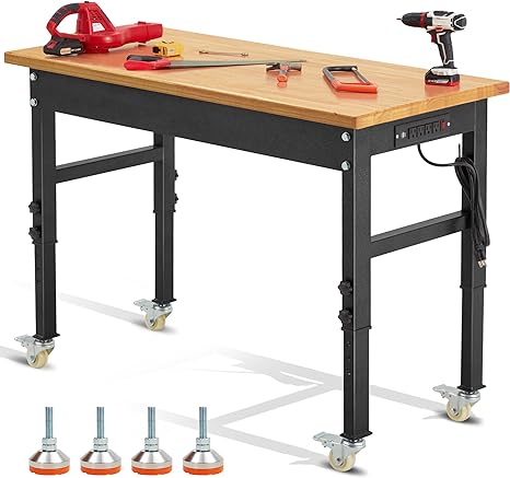 Antifi 48"×24'' Adjustable Workbench,Rolling Heavy-Duty Worktable with Power Outlet and Wheels,Large Load Capacity Rubber Wood Top Workbench for Garage,Office,Workshop,Home, Easy Assembly,Black Silver