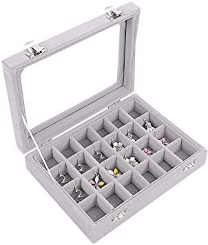 Ivosmart 24 Section Velvet Glass Jewelry Ring Display Organiser Box Tray Holder Earrings Storage Case (Grey)