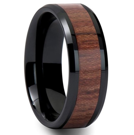 King Will Mens 8mm Black Tungsten Carbide Ring Wood Inlay Wedding Band High Polished Finish Comfort Fit