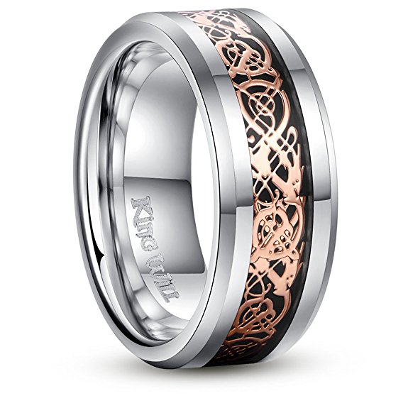 King Will DRAGON 8mm Rose Gold Plated Celtic Dragon Tungsten Carbide Band Ring Size7-15