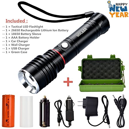 Tactical Flashlight Kit, MOLAER 1000-Lumen Bright LED Flashlight with Zoomable Adjustable Focus and 5 Light Modes, Portable Water Resistant Torch with Rechargeable 26650 Lithiumion Battery and Charger
