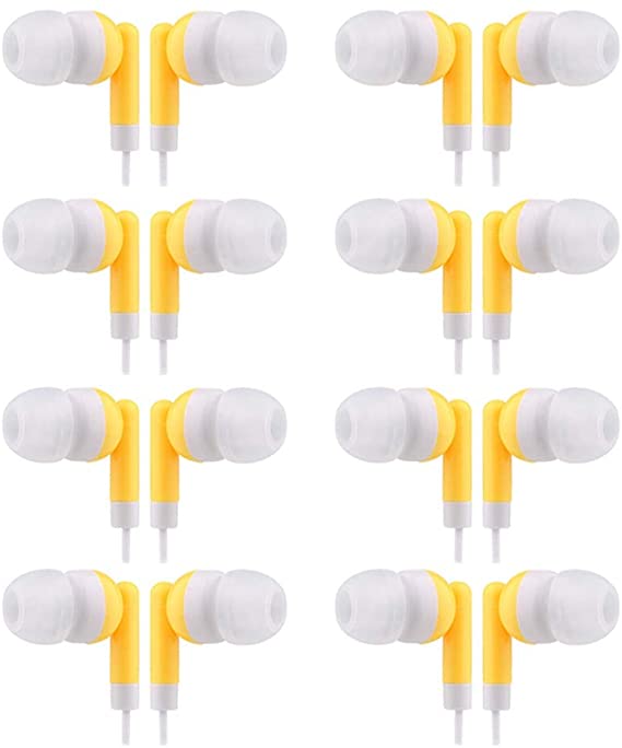 Wholesale Earbuds Bulk Headphones Individually Bagged 50 Pack for iPhone, Android, MP3 Player for Schools, Libraries, Hospitals (Yellow)