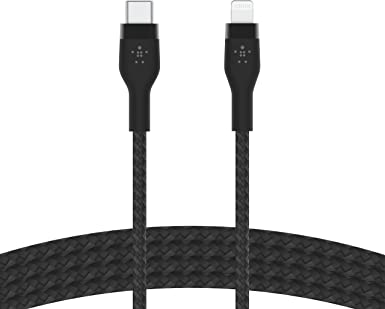 Belkin BoostCharge Pro Flex Braided USB Type C to Lightning Cable (2M/6.6ft), MFi Certified 20W Fast Charging PD Power Delivery for iPhone 13, 12, 11, Pro, Max, Mini, SE, iPad and More - Black