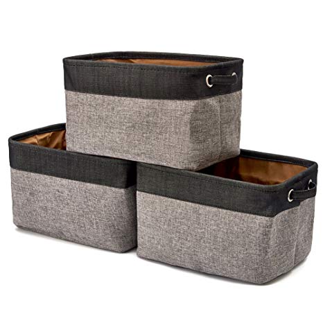 Collapsible Storage Bin Basket [3-Pack] EZOWare Foldable Canvas Fabric Tweed Storage Cube Bin Set with Handles -Black/Gray for Home Office Closet