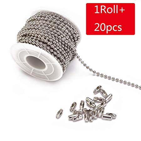 Tiparts 30 Feet Stainless Steel Ball Chains Necklace with 20pcs Connectors Clasps,Silver Bead Chain Sets (Chain Width 3mm 20pcs connectors)