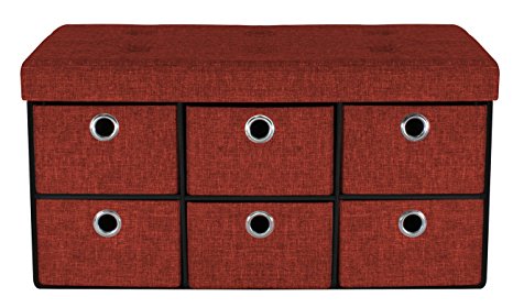 Sorbus Storage Bench Chest with Drawers – Collapsible Folding Bench Ottoman includes Cover – Perfect for Entryway, Bedroom Bench, Cubby Drawer Footstool, Hope Chest, Contemporary Faux Linen (Red)