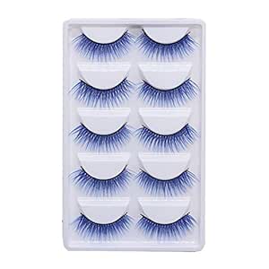 5 Pairs Colored Fake Eyelashes 3D Long Dramatic False Eyelashes for Women Girls Halloween Cosplay (Blue)