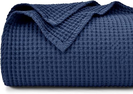 PHF 100% Cotton Waffle Weave Blanket King Size 104"x90" - Pre-Washed Soft Lightweight Breathable Blanket for All Season - Perfect Blanket Layer for Couch Bed Sofa - Navy Blue