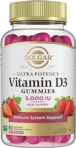 Solgar Vitamin D3 Gummies for Adults 5,000IU Ultra Potency Vitamin Immune System Support for Women & Men - Tasty Strawberry Flavor, Gluten & Gelatin Free Gummy, 2 Month Supply, 60 Servings, 2g Sugar