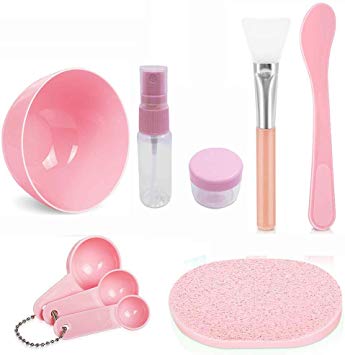 DIY Facial Mask Mixing Bowl Set, 7 in 1 Face Mask Mixing Tool Kit with Facial Mask Bowl Applicator Spatula Brush Liquid Powder Measuring Cup (Pink)
