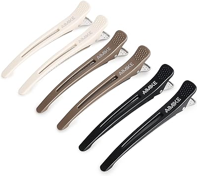 AIMIKE 6pcs Professional Hair Clips for Styling Sectioning, Non Slip Duck Billed Hair Clips with Silicone Band, Salon and Home Hair Cutting Clips for Hairdresser, Women, Men - Brown & Apricot & Black