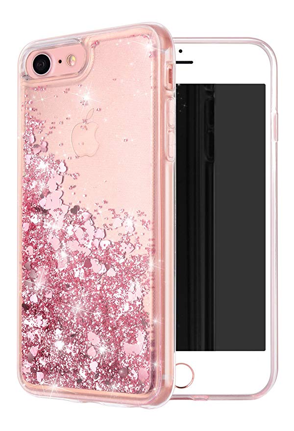 iPhone 7 Case,iPhone 8 Case, WORLDMOM Double Layer Design Bling Flowing Liquid Floating Sparkle Colorful Glitter Waterfall TPU Protective Phone Case for iPhone 7 (2016) / iPhone 8 (2107), Rose Gold
