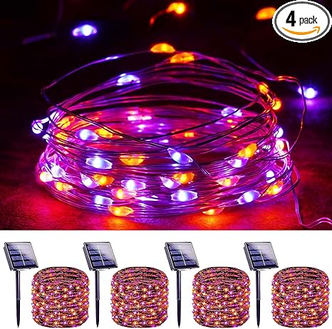 SANJICHA Orange and Purple Solar Halloween Lights Outdoor Waterproof, 4-Pack 132 FT 400 LED Solar String Lights Black Wire 8 Modes Solar Fairy Lights for Tree Horror Party Decoration