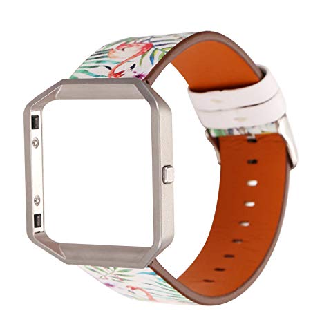 PENKEY for Fitbit Blaze Leather Watch Band Floral Printed Fitbit Blaze Band for Women with Stainless Steel Frame, Replacement Strap Wristband for Fitbit Blaze Smart Fitness Watch