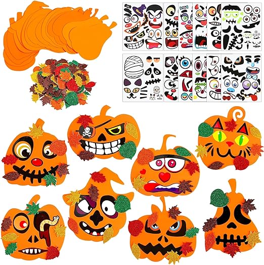 Halloween Pumpkin Decorating Craft Kit Includes 16 Foam Pumpkin Shapes 12 Pumpkin Face Decorating Stickers and 150 Glitter Maple Leaf Stickers for Kids Fall Thanksgiving Halloween Crafts Decoration