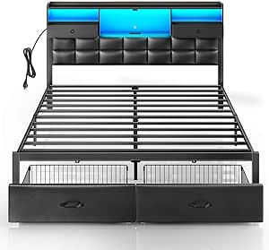 Rolanstar Bed Frame King Size with Drawers and Charging Station, Upholstered Platform Bed with Storage Headboard and LED Light, Heavy Duty Metal Frame Support, No Box Spring Needed, Noise Free, Black