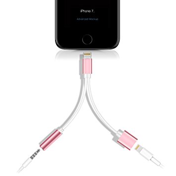 iphone 7 adapter, 2 in 1 lightning cable charge and headphone (Rose Gold)