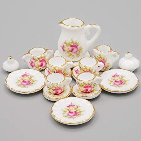 Odoria 1:12 Miniature 15PCS Porcelain Tea Cup Set Pink Rose Chintz with Gold Trim Dollhouse Kitchen Accessories