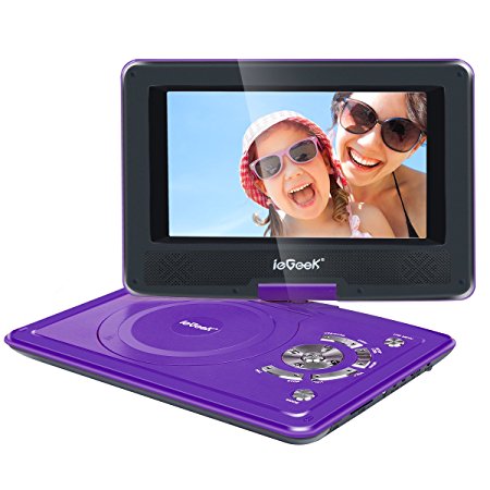 [Improved Battery] ieGeek 9.5" Portable DVD Player with 360° Swivel Screen, 5 Hour Rechargeable Battery, Supports SD Card and USB, Direct Play in Formats MP4/AVI/RMVB/MP3/JPEG, purple