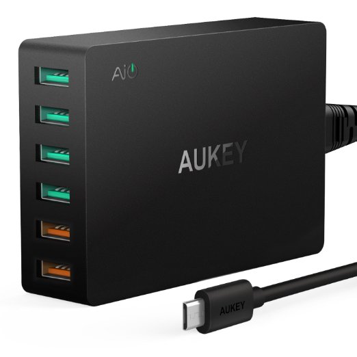 AUKEY Quick Charge 3.0 6 Port USB Wall Charger, 2 Port with Quick charge 3.0 & 4 Port with Aipower Tech & MicroUSB Cable for iPhone 6, Nexus 6, Samsung S7/S6/Edge/Plus, Note 4/5, LG G4 & More