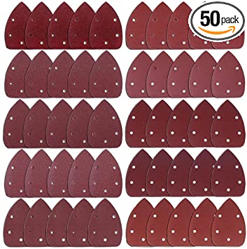 AUSTOR 50 Pieces Mouse Detail Sander Sandpaper Sanding Paper Hook and Loop Assorted 40/60/ 80/100/ 120/180/ 240/320/ 400/800 Grits