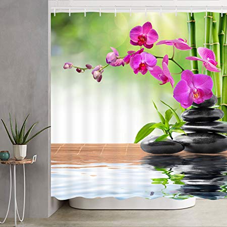 Bathroom Shower Curtain Zen Spa Shower Curtains with Hooks, Orchid Stone Bamboo Water Design Fabric Bathroom Curtain Durable Waterproof Bath Curtain Set
