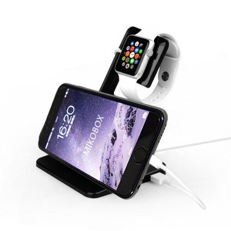 Apple Watch Stand Cradle MIKOBOX M10 Dual Stand Charging Station Desk Dock for Apple Watch and iPhone with 2 in 1 Multifunctional Wonderful Viewing Angle and Unique Design-Fits iPhone Models 5  5S  5C  6  6 PLUS and both 42mm and 38mm sizes of 2015 Watch Models Original BASIC Model  SPORT Version  and EDITION Models Black