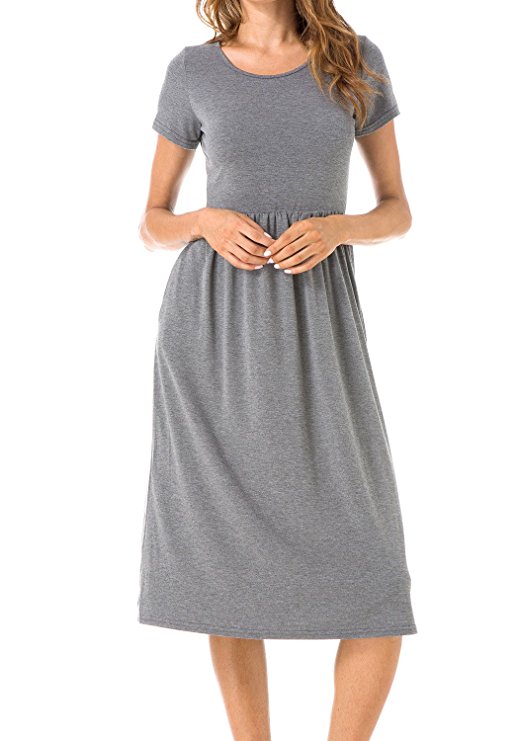 Levaca Women's Plain Scoop Neck Pockets Pleated Loose Swing Casual Midi Dress