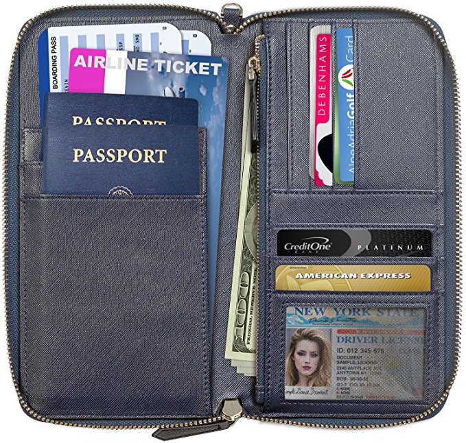 Travel Document Holder, Travel Wallet (up to 4 Passports), RIFD-Blocking Travel Document Organizer with Zipper & Strap, Safe, Lightweight Multi-Purpose Clutch by Apadi