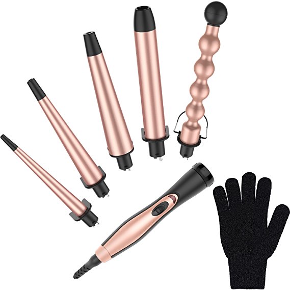 Bestope Hair Curler, Pro 5-In-1 Curling Iron and Curling Wand Set Hair Waver With 5 Interchangeable Ceramic Tourmaline Barrels& Heat Resistant Glove, Dual Voltage, Cool Tips for All Curls& Waves