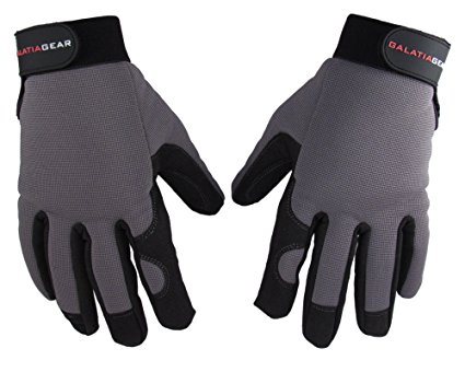 Galatia Gear Work Gloves- Durable Synthetic Leather Palm and Finger Tips, Flexible Double Layer Spandex Backing with Adjustable Elastic Wrist Strap- Black/Gray- [Large]