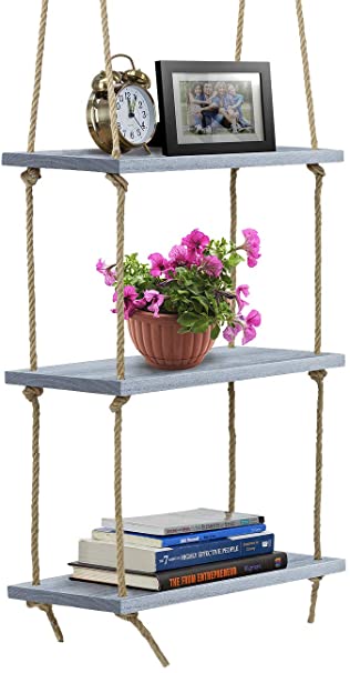 Sorbus Wood Hanging Shelf 3-Tier Rustic Wood Swing Storage Shelves Jute Rope Organizer Rack, Floating Display Shelves (Grey)