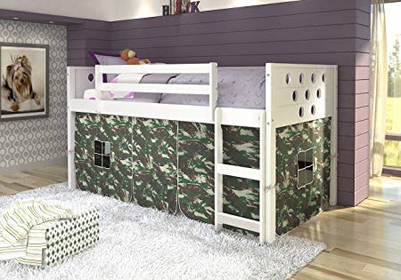 DONCO Kids Circles Low Loft Bed with Camo Tent, Twin, White