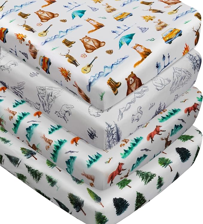4 Pack Woodland Forest Animals Wood Neutral Unisex Fitted Baby Crib Sheets Set for Baby Boys or Girls Forest