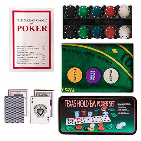 WICKED GIZMOS ® Professional Casino Style 200 Piece Texas Hold'em Poker Game Play Set with Felt Gaming Mat, Chips, Chip Deck, Playing Cards and Tin Gift Box