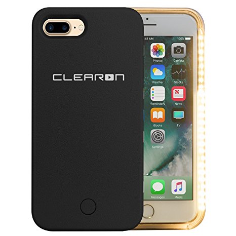 Clearon Selfie Light Case for iPhone 7 & iPhone 8 Plus- LED Illuminated Light Up Cover - luminous Adjustable / Dimmable Flash Cell Phone Case - Rechargeable - (Black)