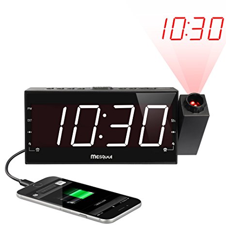 (Upgraded Version) Mesqool 7" Projection Alarm Clock for Travel, Bedrooms, Ceiling, Kitchen, Desk, Shelf, Wall - AM FM Radio,3 Dimmer, Dual Alarm, USB Charging Port, AC Powered & Battery Backup