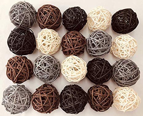 20-Pack Mixed Color Wicker Rattan Balls - Decorative Orbs Natural Spheres Craft DIY, Wedding Decoration, Christmas Tree, House Ornaments Vase Filler - 4 Colors Assorted,45mm,Black,Grey,Brown and White