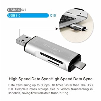 ZiKON 5 in 1 Super Speed USB 3.0 Card Reader,USB-A/Micro USB/Type-C Combo to 2-Slot TF/SD Card Reader OTG Card Adapte (Silver)