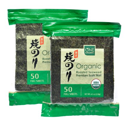 ONE ORGANIC Sushi Nori Premium Roasted Organic Seaweed (50 Full Sheets) - 2 Packs