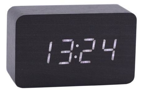 Konigswerk New Wooden Series Modern Mini Rectangle Wood Grain Calendar Thermometer Activated Desk Super Soft Night Light LED Digital Alarm Clock (Black-White) AC023G