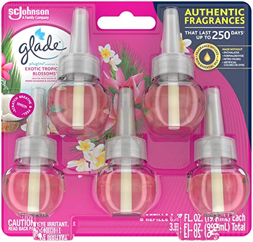 Glade PlugIns Refills Air Freshener, Scented and Essential Oils for Home and Bathroom, Exotic Tropical Blossoms, 3.35 Fl Oz, 5 Count