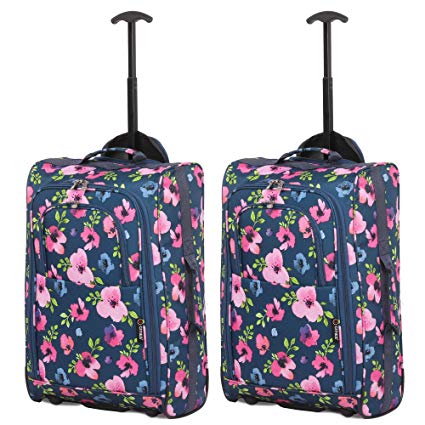 Set of 2 Super Lightweight Cabin Approved Luggage Travel Wheely Suitcase Wheeled Bags Bag (Navy Floral)