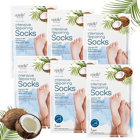 NEW Epielle Intensive Repairing Foot Mask for Dry foot and Cracked heel and callus (Socks-6pk) Foot Spa masks | Coconut Oil   Milk Extract   Hyaluronic Acid, Beauty Gifts. STOCKING STUFFERS!!