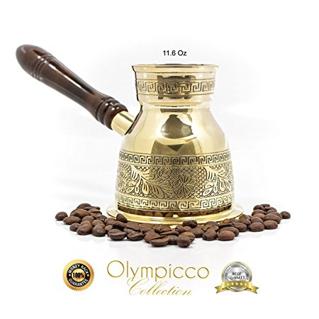 Greek Turkish Coffee Pot Solid Brass 2.8mm - Handmade Elegant Patterns with Coffee Flowers and Greek Key Design - Removable Wooden Handle - Olympicco Collection (11.6 Oz)